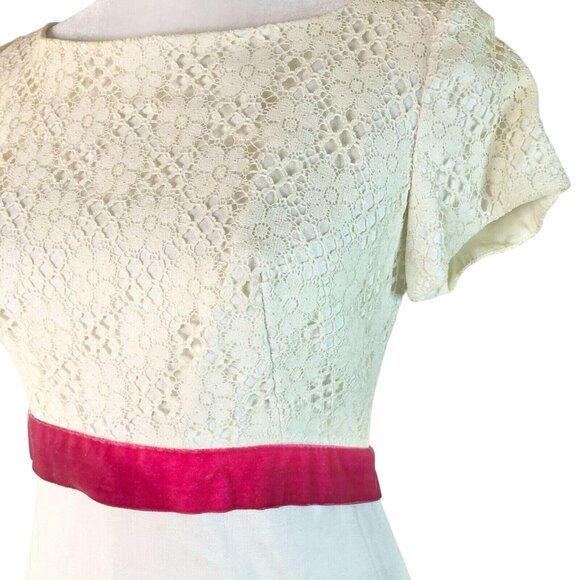 Vintage White Lace Maxi Dress Pink Velvet Waist Cap Sleeves Elegant Formal Wear - Picture 3 of 12